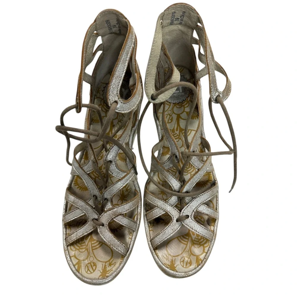 FLY LONDON Silver Metallic‎ Lace Up Wedge Gladiator Sandals Size 39
